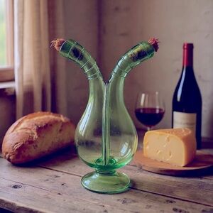 SCARCE HAND BLOWN PONTILED GREEN GEMEL DOUBLE NECK BOTTLE RIGAREE STRING NECK